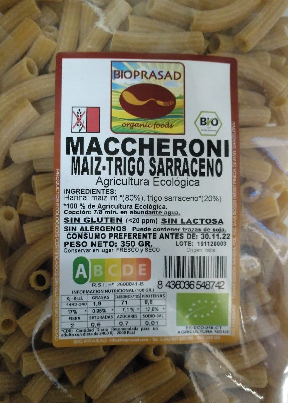 MACHERONI MAÍZ Y TRIGO SARRACENO 250 GR. (foto 1)
